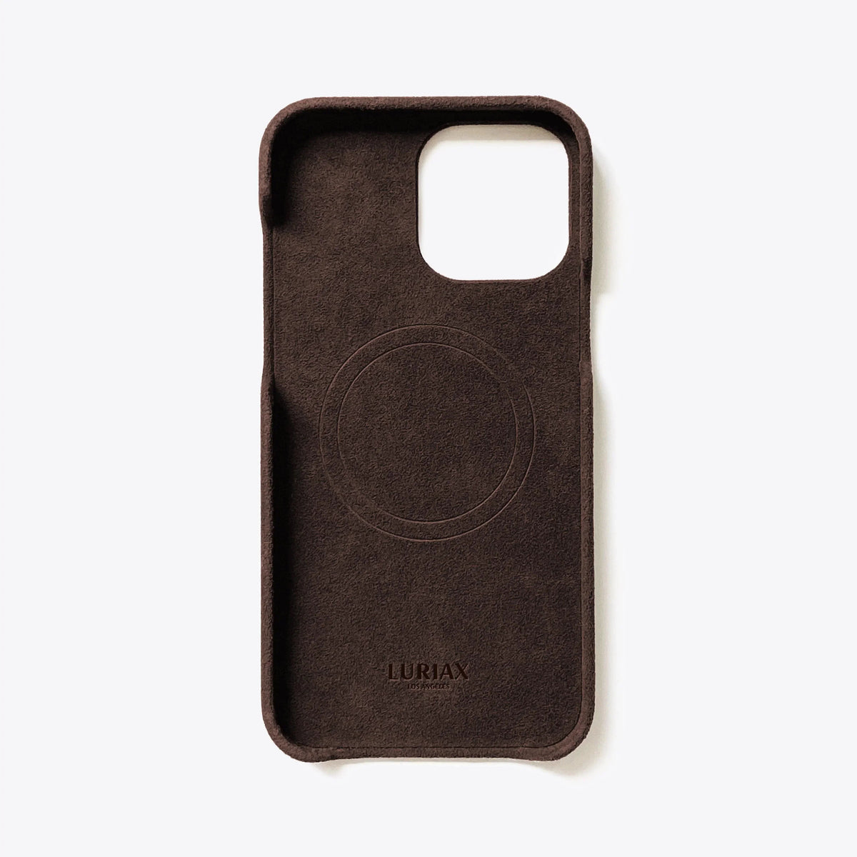 Luriax Minimal iPhone 14 Case — Dark Brown — interior and camera opening
