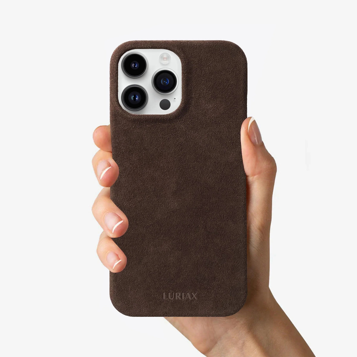 Luriax Minimal iPhone 14 Case — Dark Brown — shown held in a hand