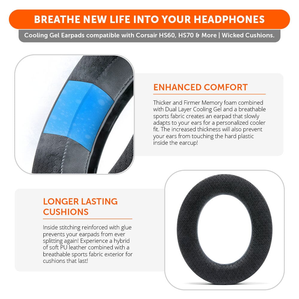 Wicked Cushions Corsair HS50, HS60, and HS70 Earpads - WC FreeZe Cooling Gel