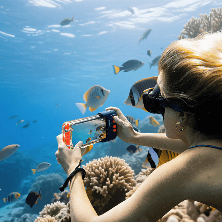 Snorkeler photographing fish with a Sublue H1+ phone housing