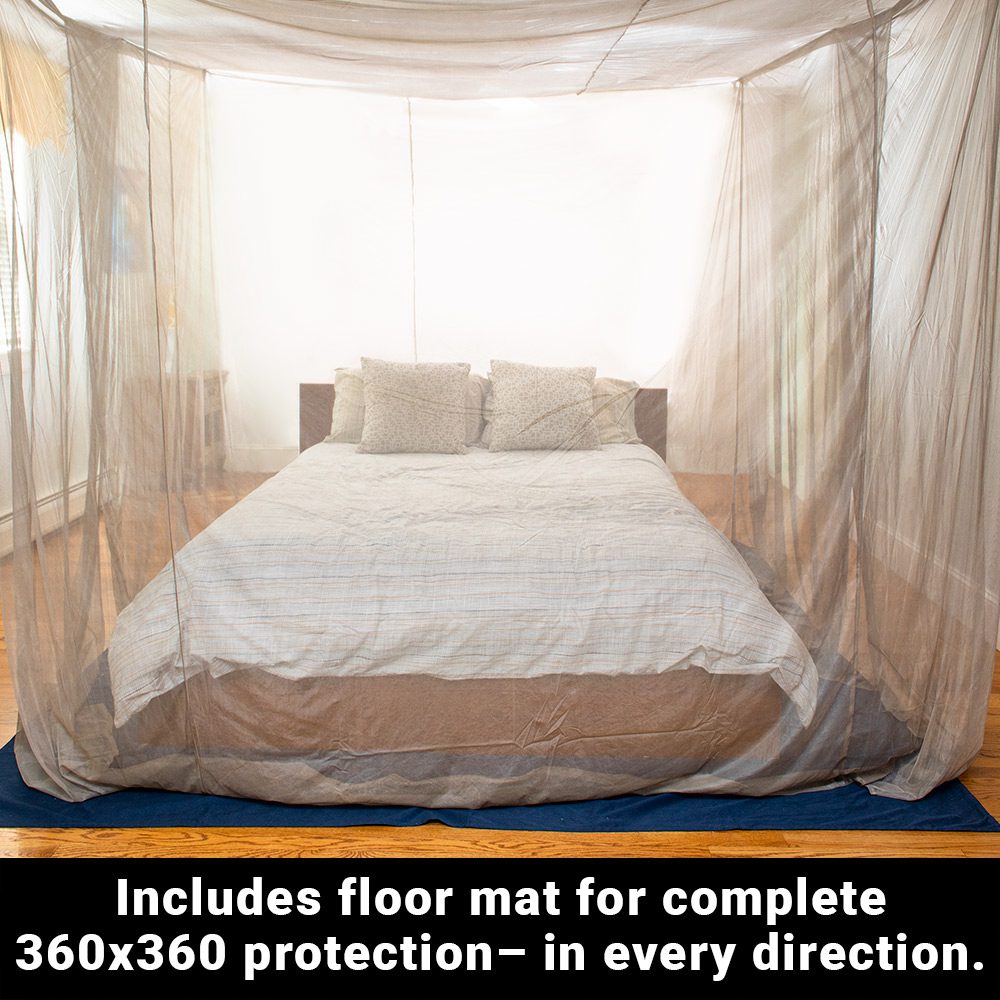 SYB bed canopy with blue floor mat beneath bed