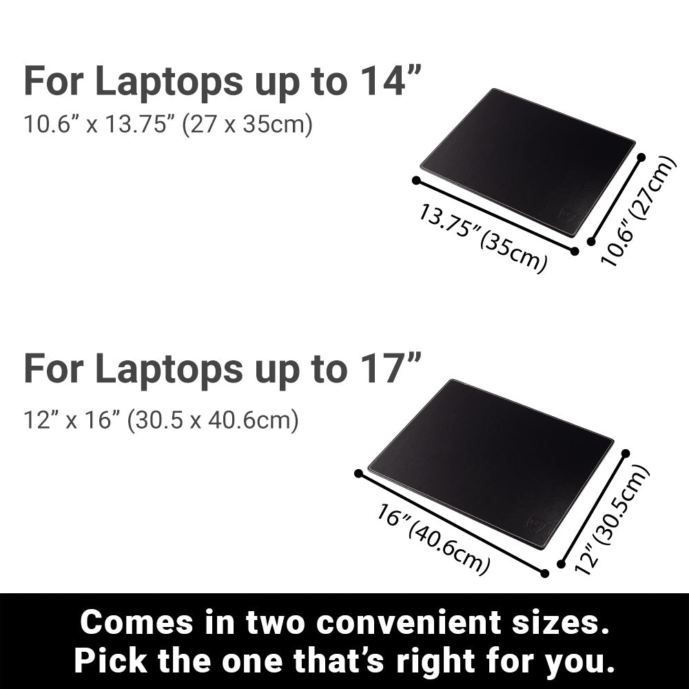 SYB Laptop Pad size chart: 14-inch model 10.6 by 13.75 inches and 17-inch model 12 by 16 inches