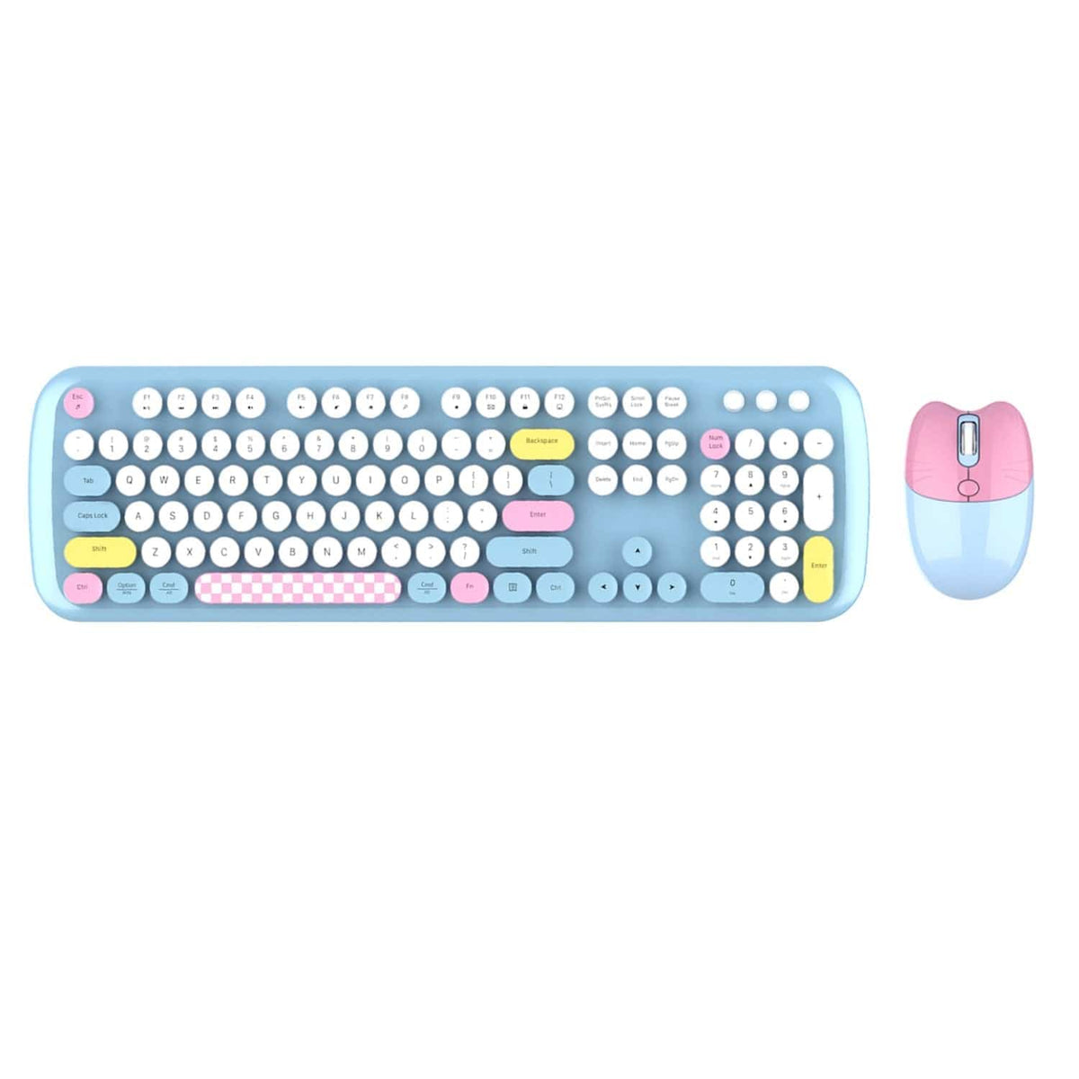 Blue KB11 104-key keyboard and matching mouse viewed from above
