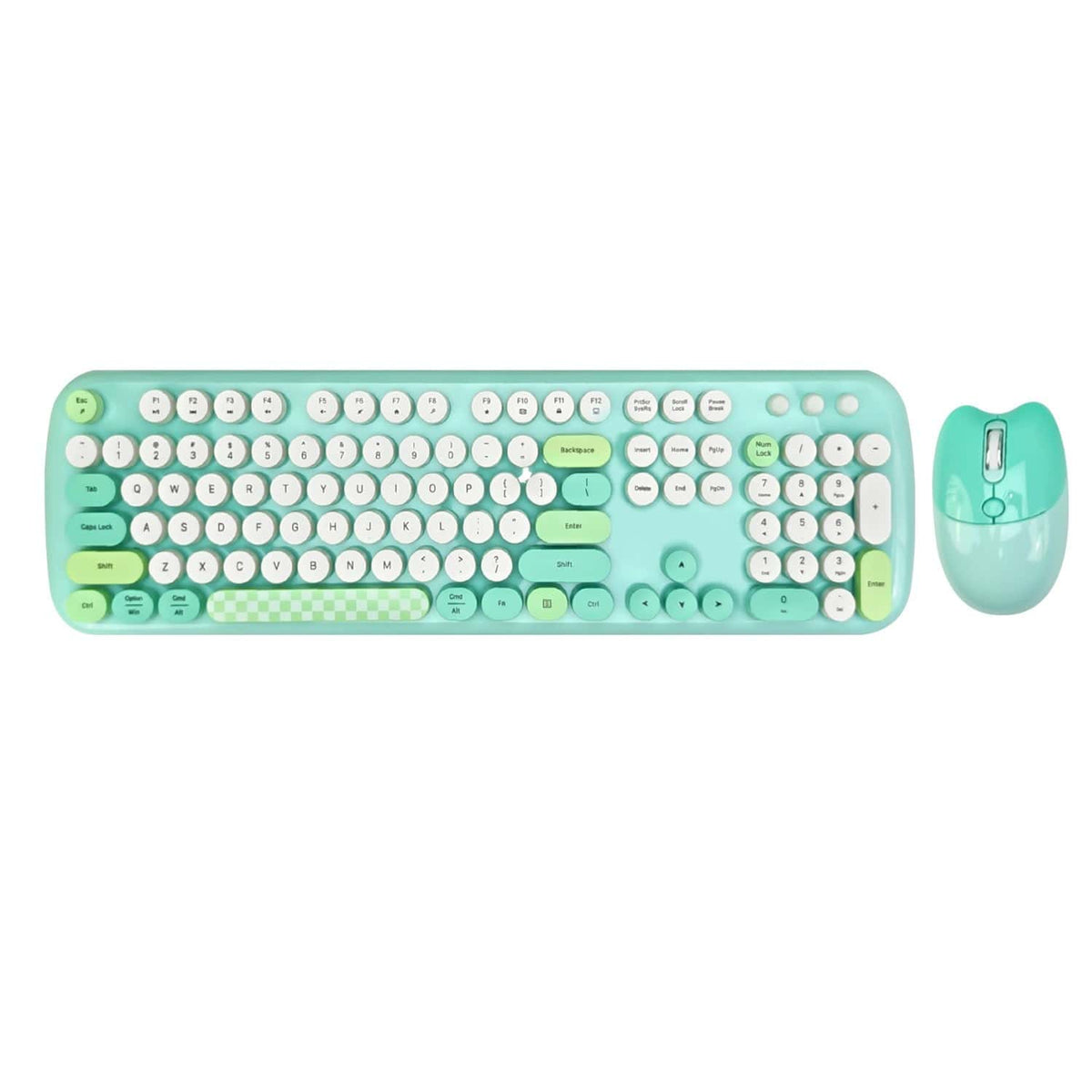 Green KB9 104-key keyboard and matching mouse viewed from above