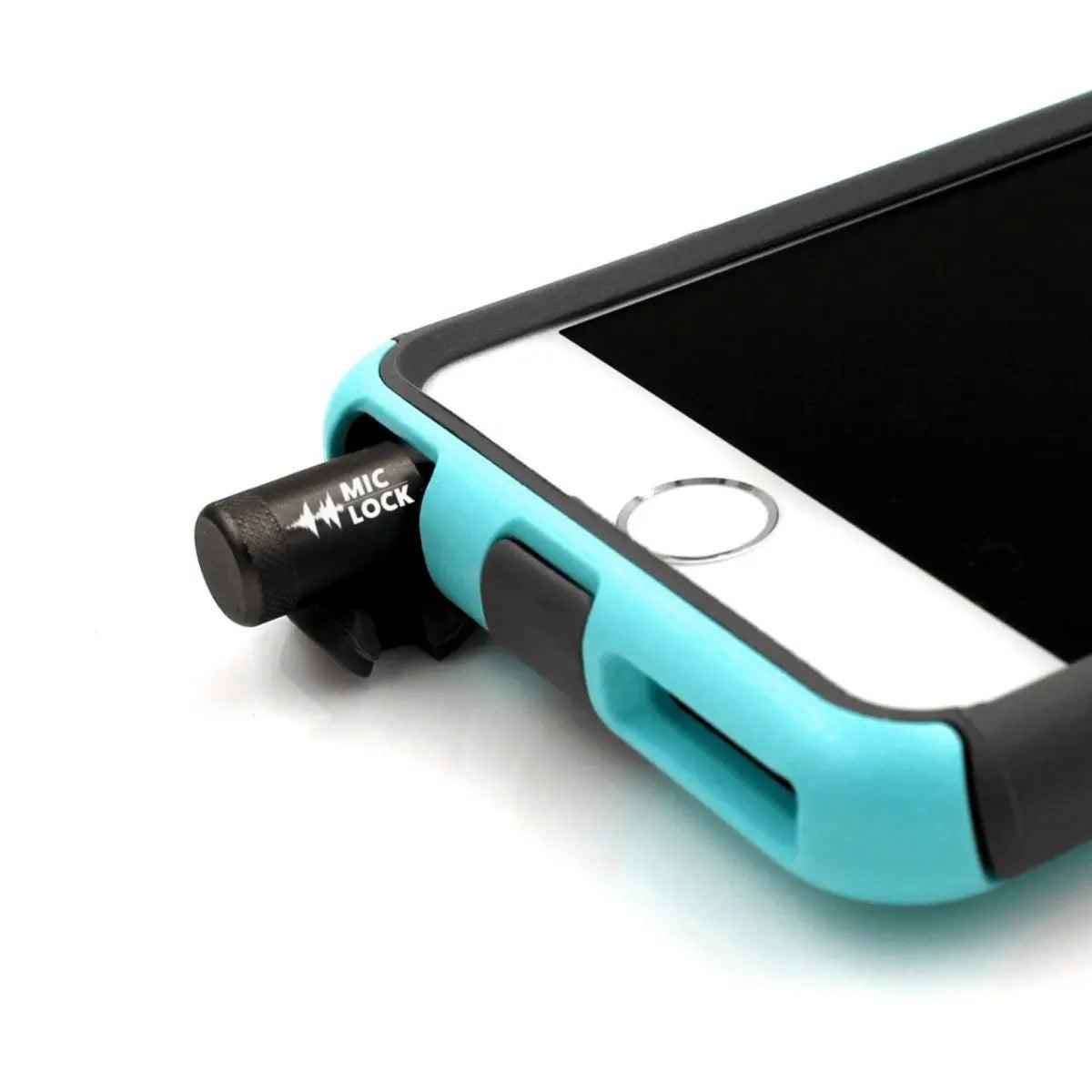 Mic-Lock Grey blocker connected to a phone in a case