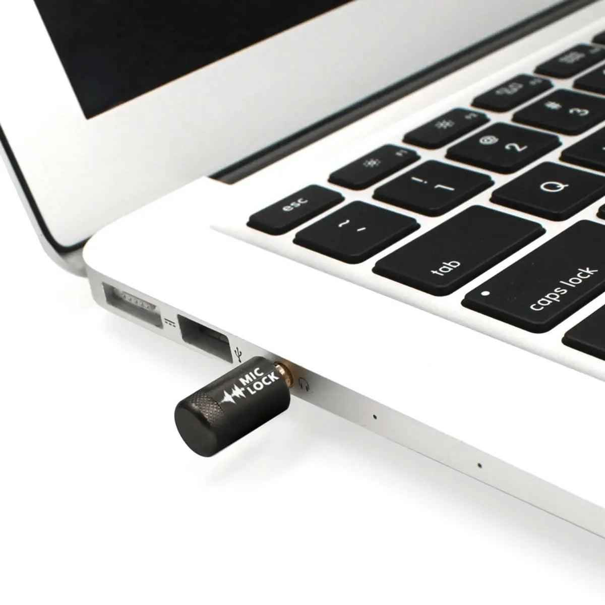 Mic-Lock Grey blocker connected to a laptop