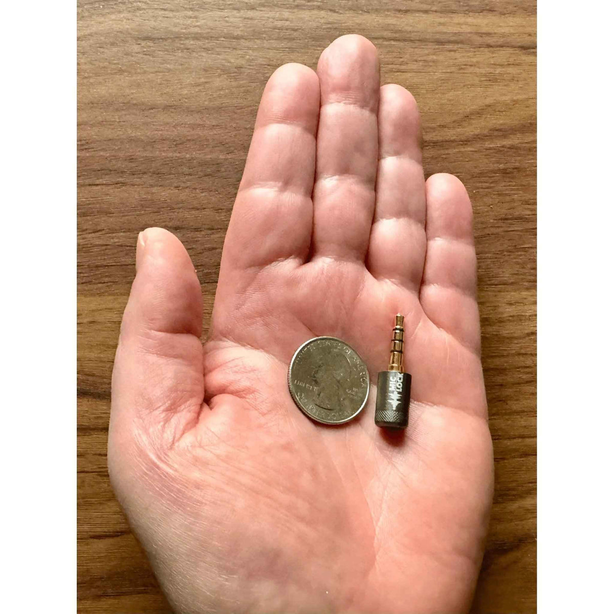 Mic-Lock Microphone blocker in a hand beside a coin