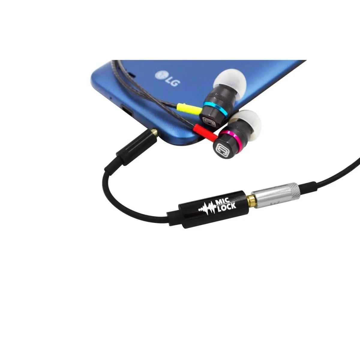 Mic-Lock SoundPass connected to a phone and earbuds