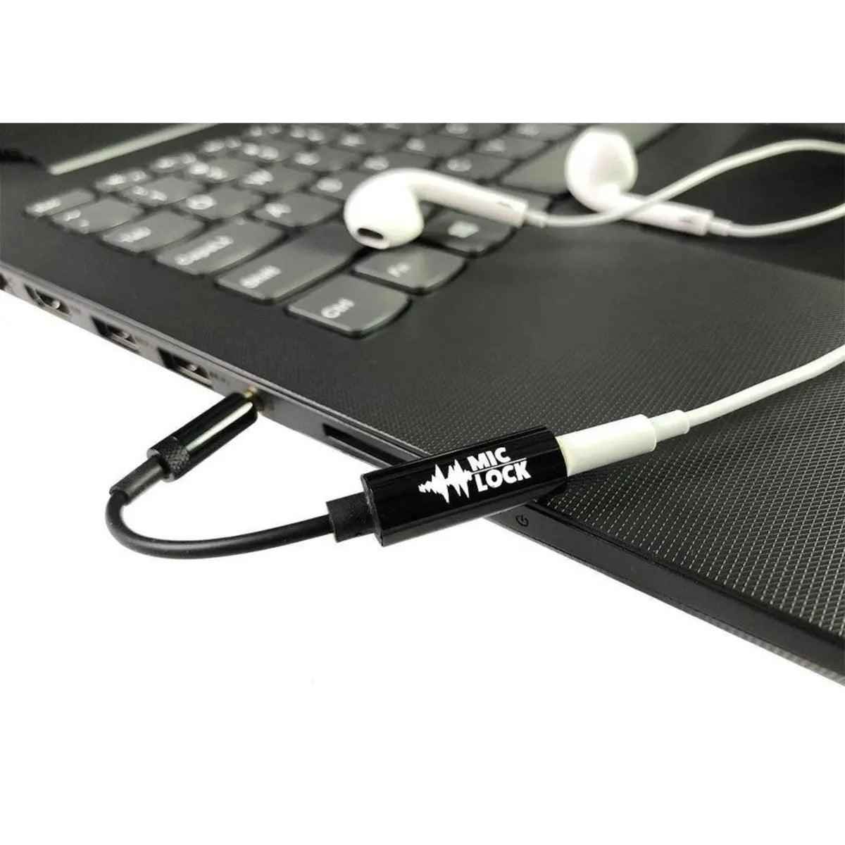 Mic-Lock SoundPass connected to a laptop and earbuds