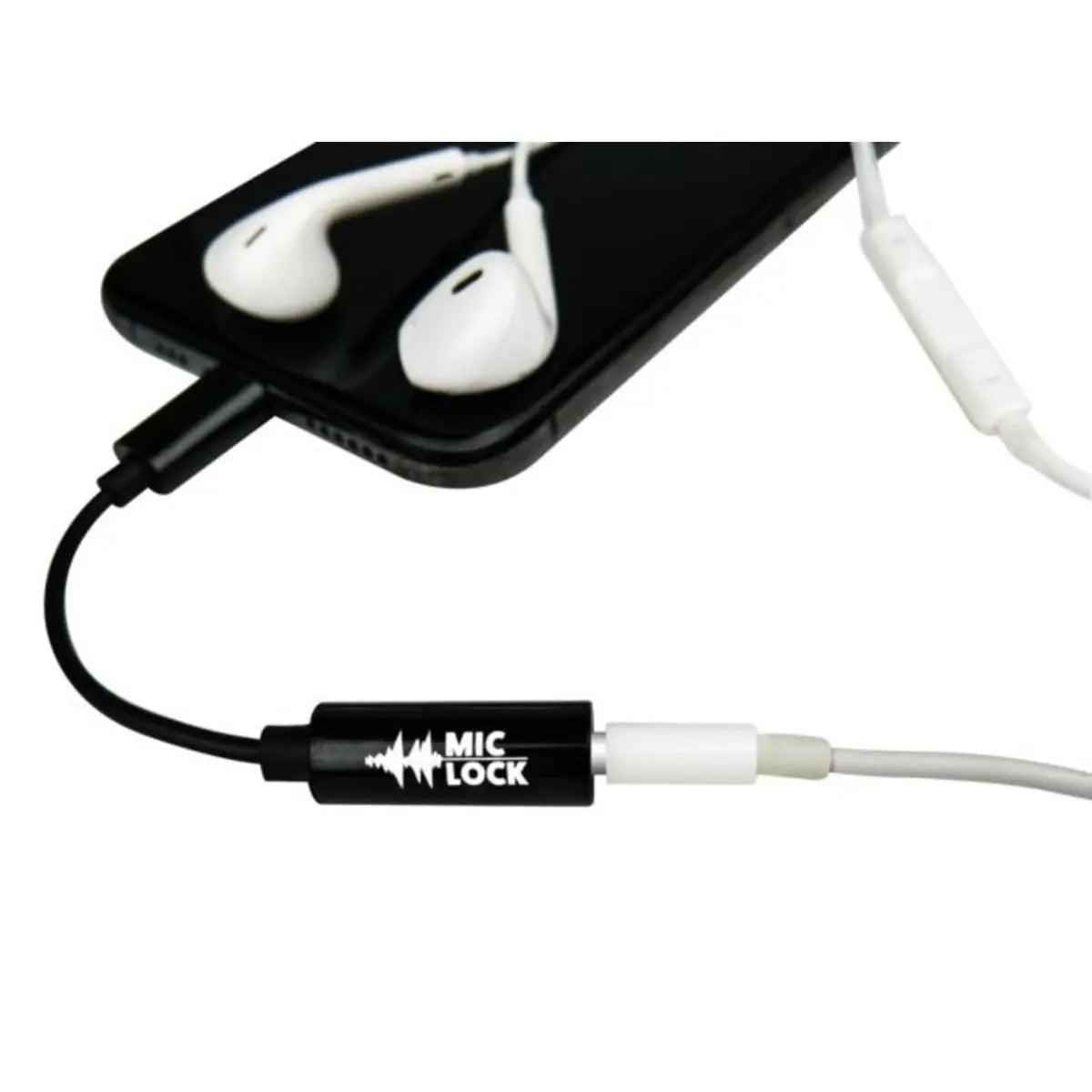 Mic-Lock Lightning SoundPass connected to phone and earbuds