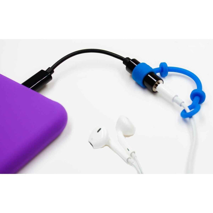 Mic-Lock Blue Mic-Lock Mate securing an adapter to a cable