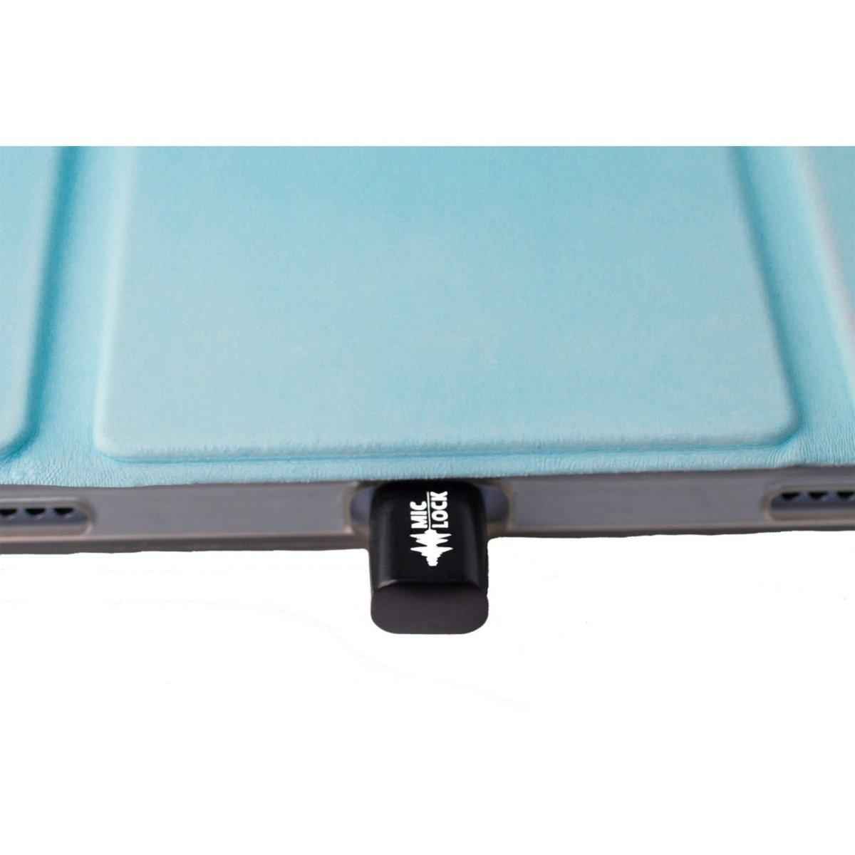 Mic-Lock Black USB-C Mini blocker connected to a tablet