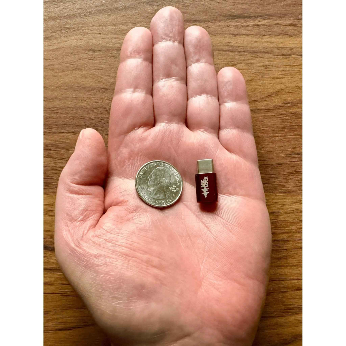 Mic-Lock USB-C Mini blocker shown in a hand beside a coin