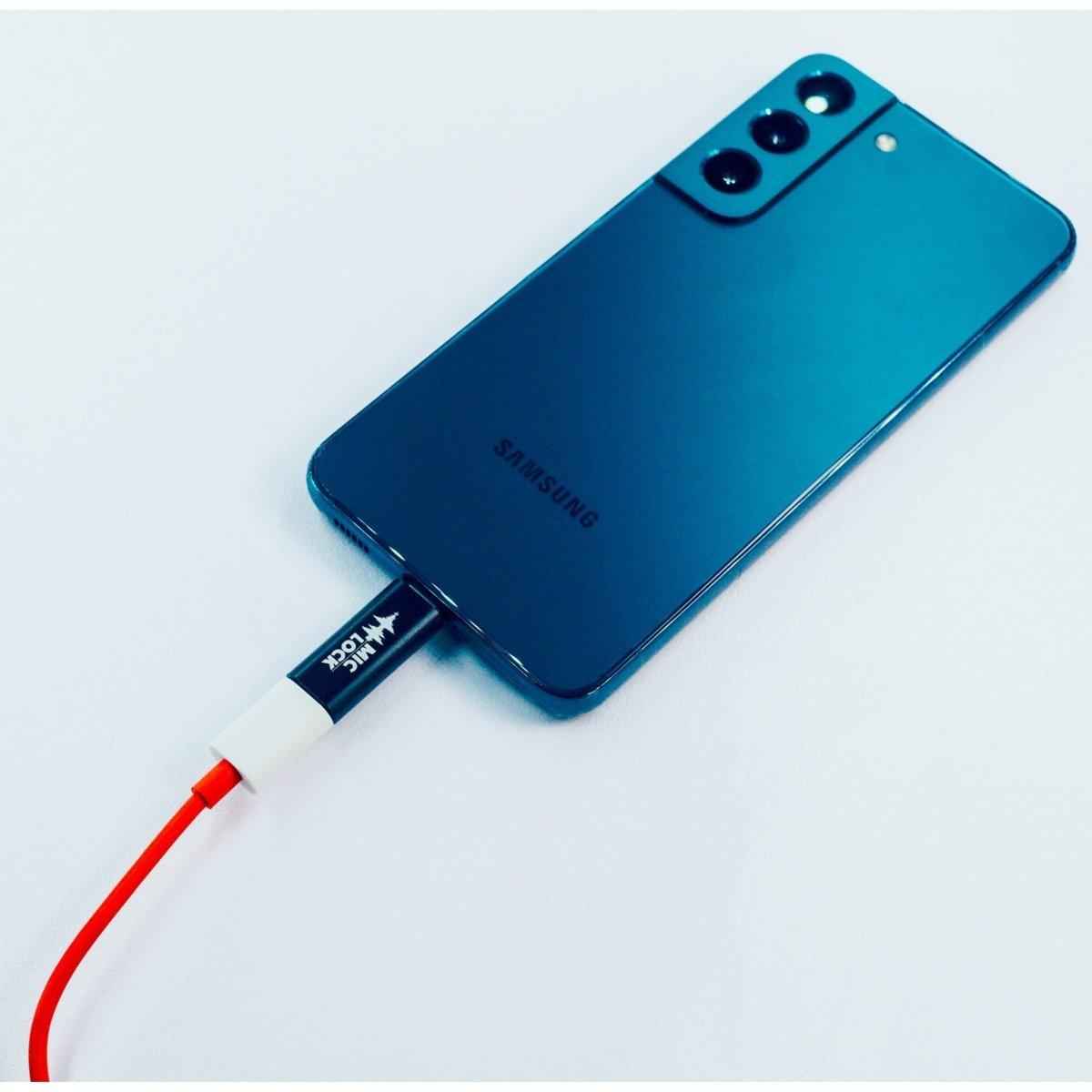 Mic-Lock USB-C Secure Charger connected to a phone