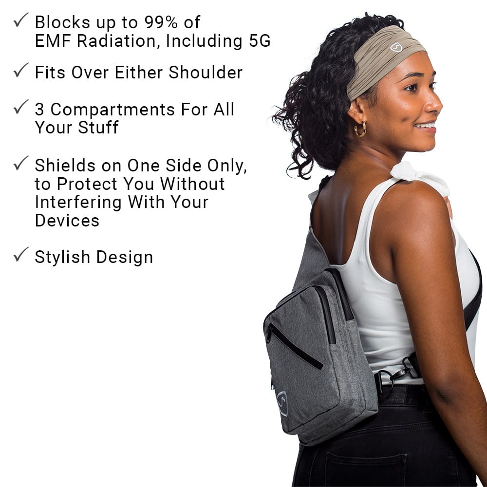 Person wearing gray SYB Sling Bag on shoulder
