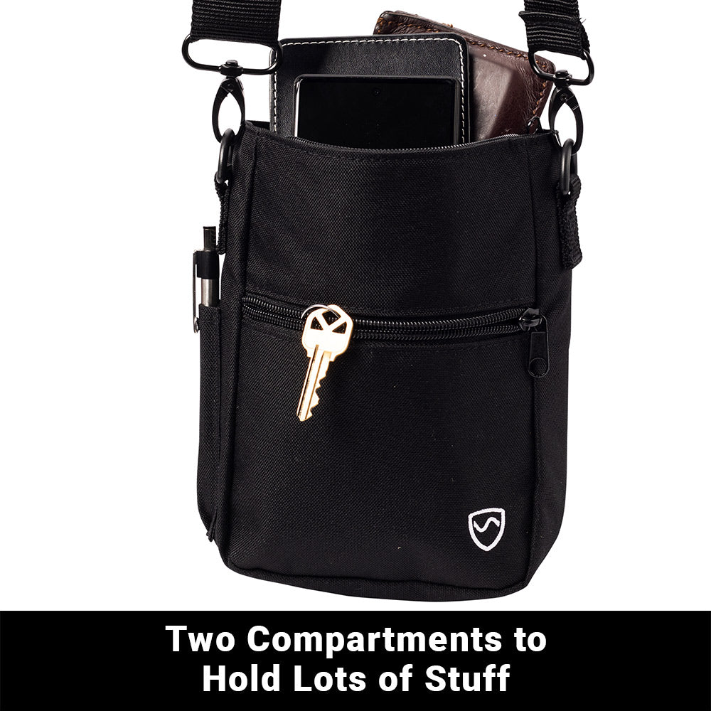 SYB Phone Pouch Deluxe compartments holding phone and wallet, not included
