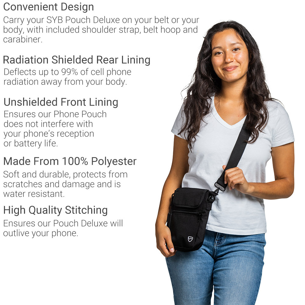 Person wearing SYB Phone Pouch Deluxe with construction details