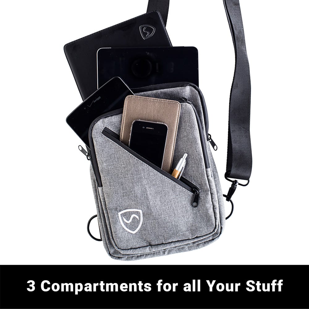 SYB Sling Bag three compartments holding devices, not included