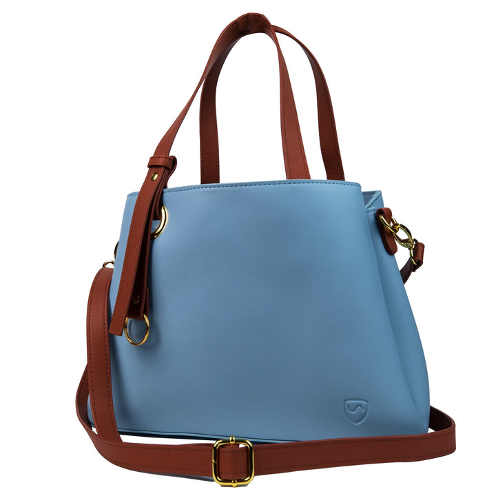 Blue SYB Purse with brown handles and removable shoulder strap