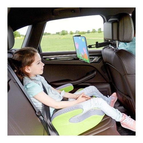 Rear-seat passenger viewing a tablet on the headrest mount