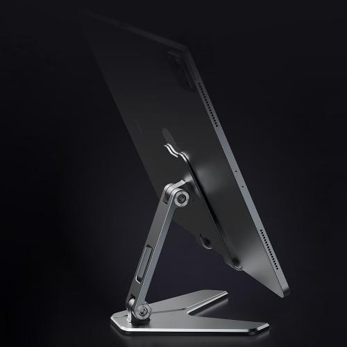 Side view of a tablet on the adjustable SaharaCase stand