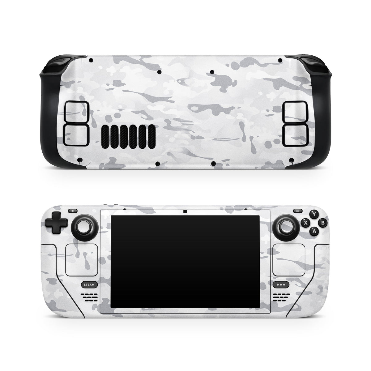 DecalGirl Alpine Camo skin shown on the front and back of a Valve Steam Deck