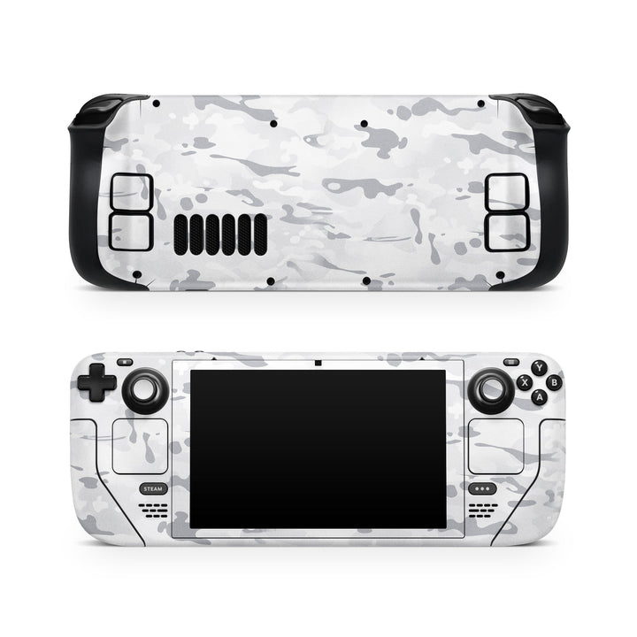 DecalGirl Alpine Camo skin shown on the front and back of a Valve Steam Deck