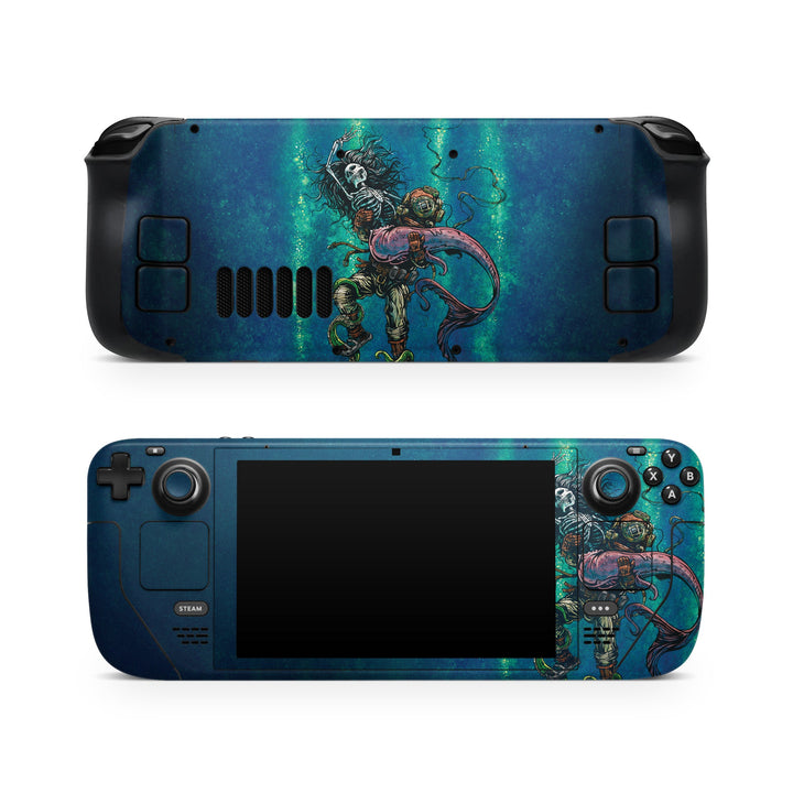 DecalGirl Catch Or Release skin shown on the front and back of a Valve Steam Deck