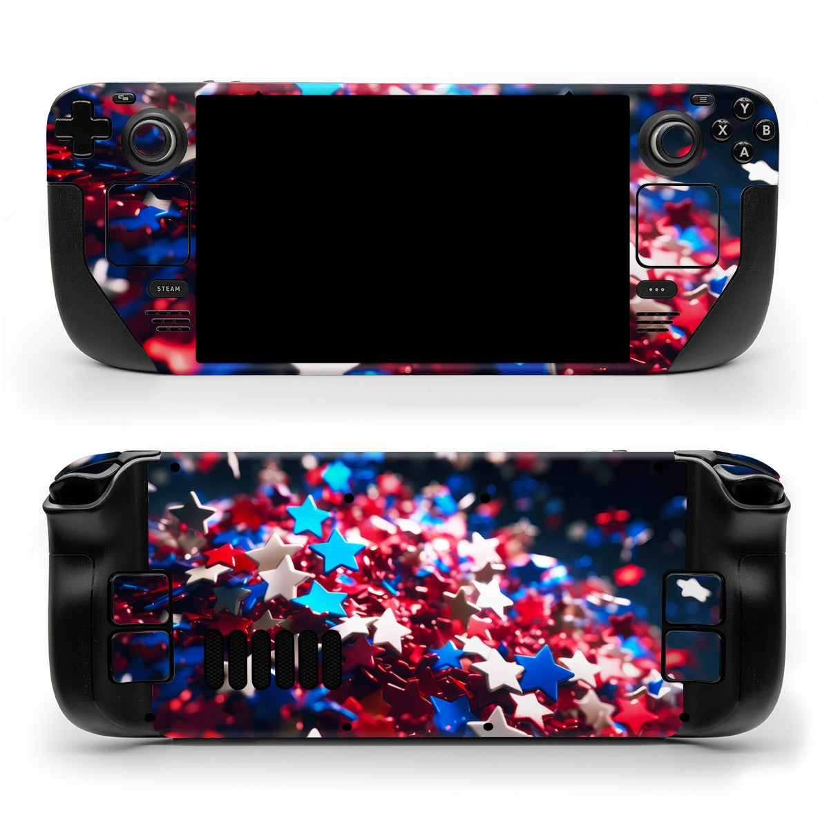 DecalGirl Celebrate US skin shown on the front and back of a Valve Steam Deck