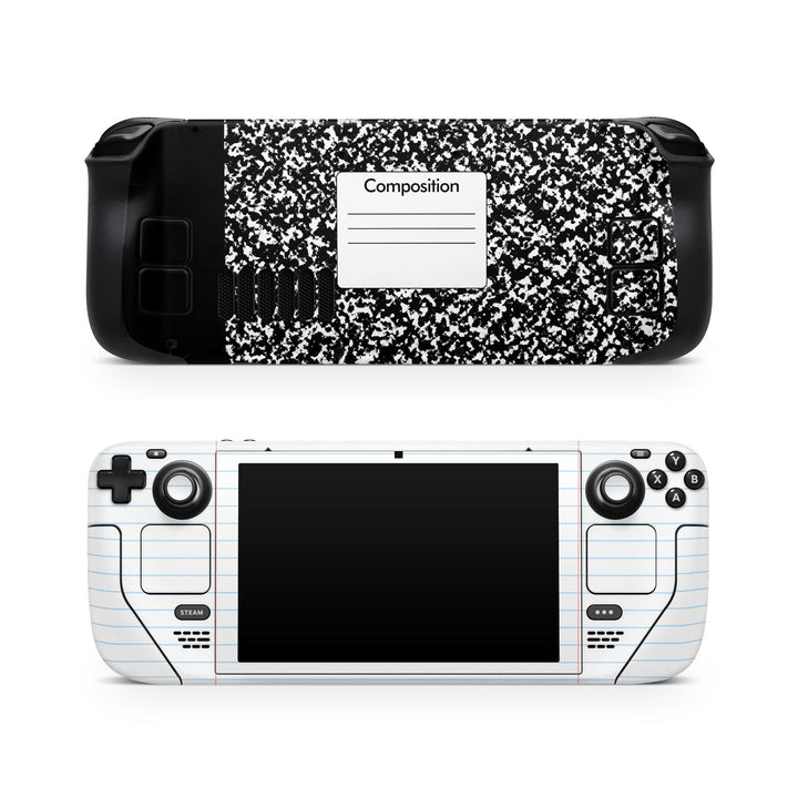 DecalGirl Composition Notebook skin shown on the front and back of a Valve Steam Deck