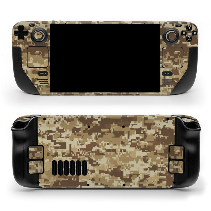 DecalGirl Coyote Camo skin shown on the front and back of a Valve Steam Deck