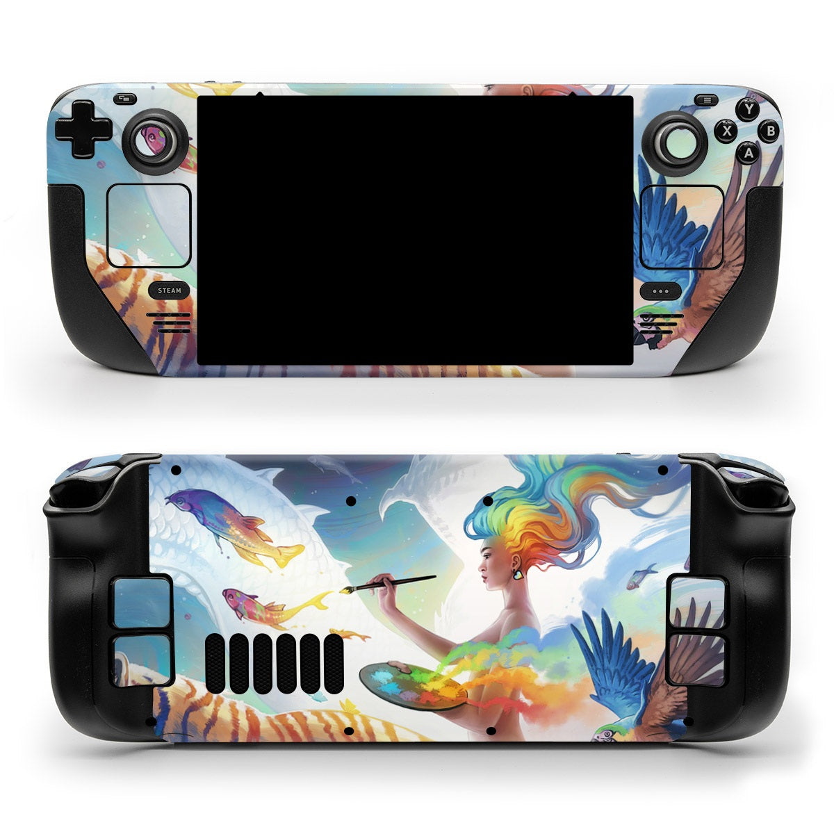 DecalGirl Create Your World skin shown on the front and back of a Valve Steam Deck