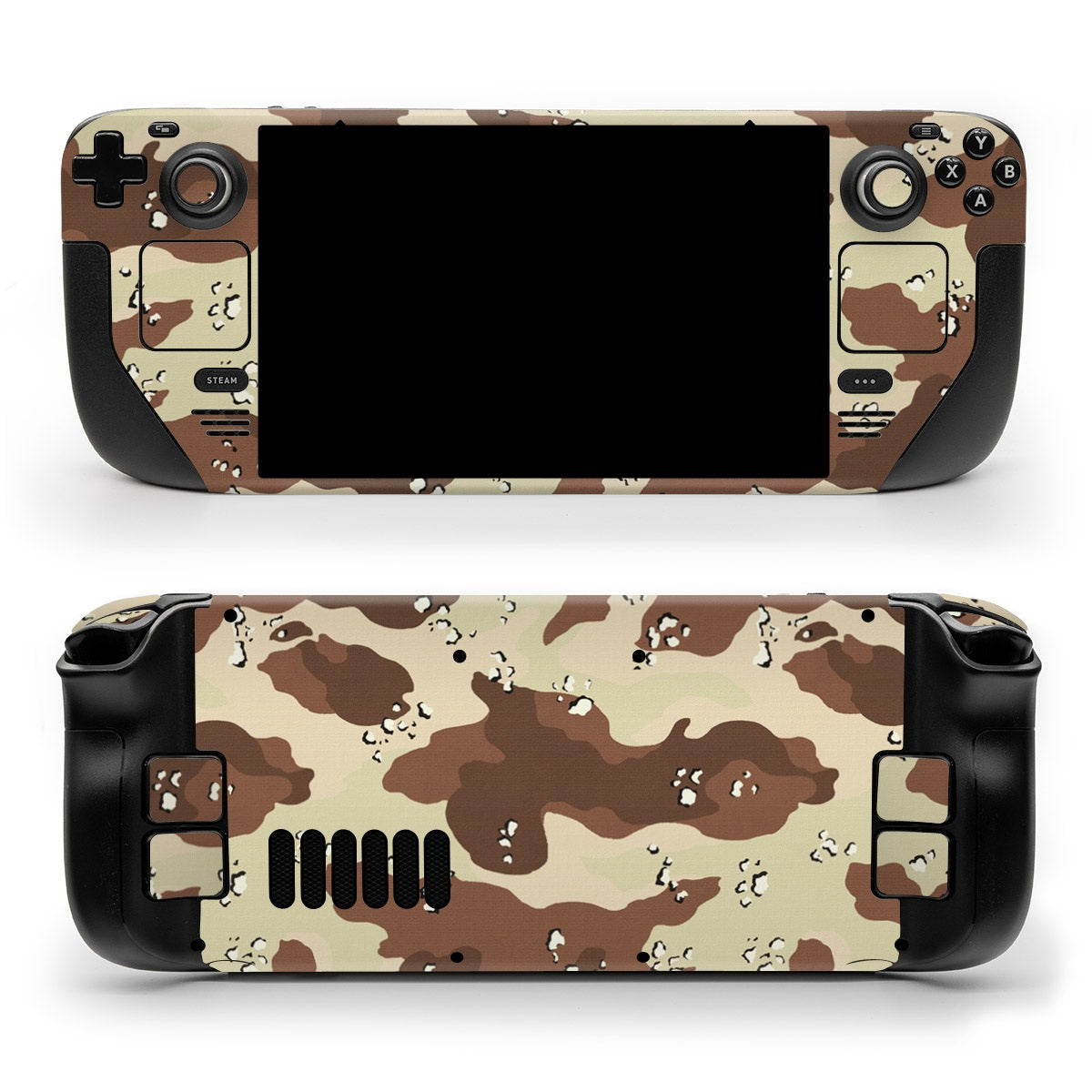 DecalGirl Desert Camo skin shown on the front and back of a Valve Steam Deck