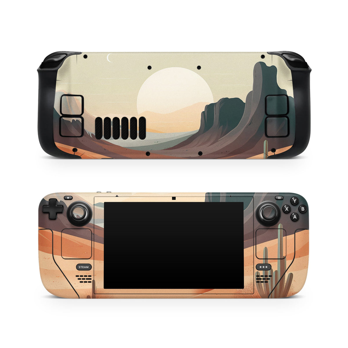 DecalGirl Desert Peaks skin shown on the front and back of a Valve Steam Deck