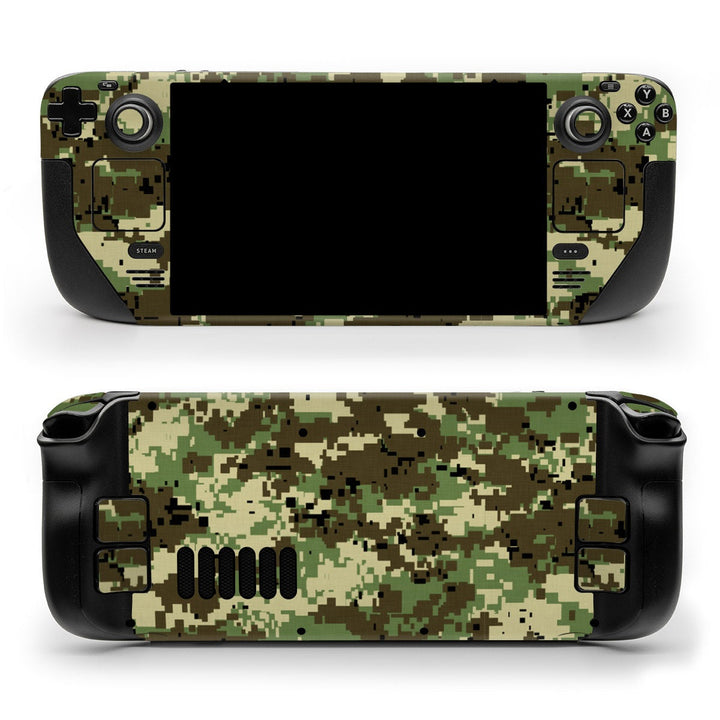 DecalGirl Digital Woodland Camo skin shown on the front and back of a Valve Steam Deck
