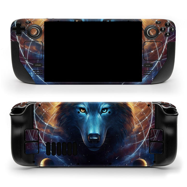 DecalGirl Dreamcatcher Wolf skin shown on the front and back of a Valve Steam Deck