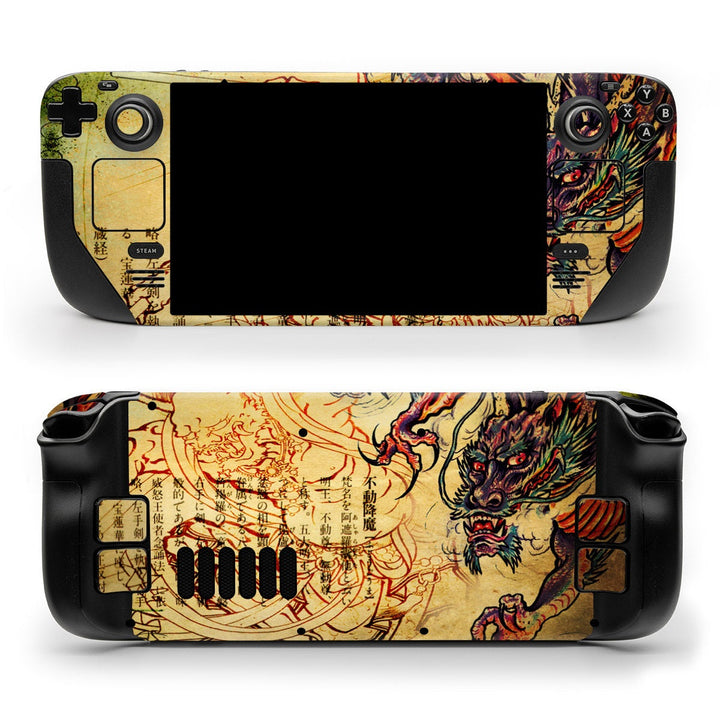 DecalGirl Dragon Legend skin shown on the front and back of a Valve Steam Deck