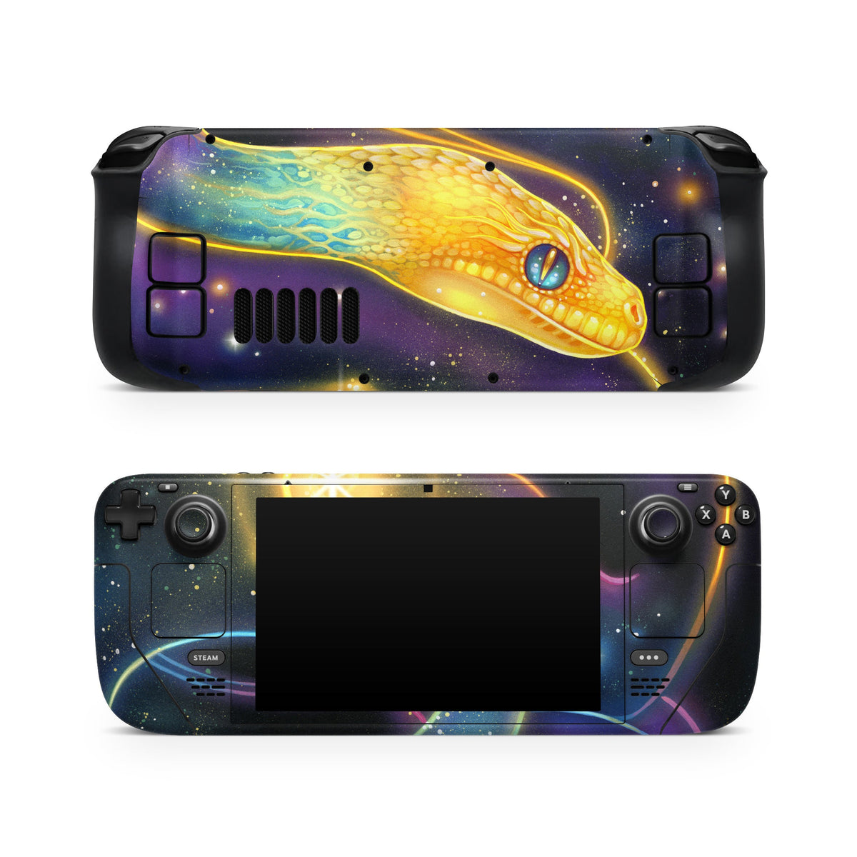 DecalGirl Divine Transformation skin shown on the front and back of a Valve Steam Deck