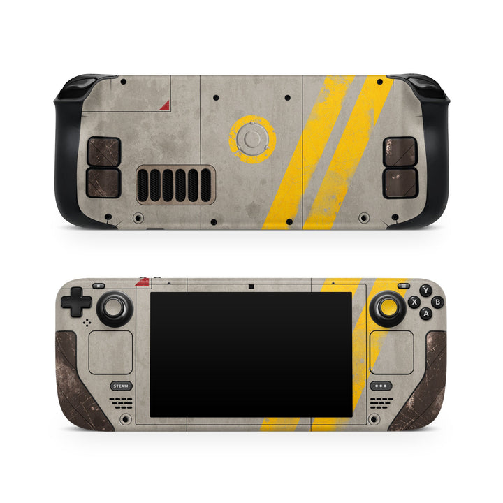 DecalGirl Dystopia skin shown on the front and back of a Valve Steam Deck