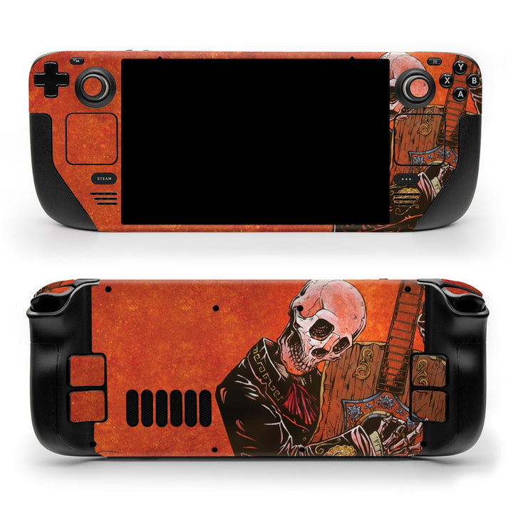 DecalGirl El Guitarrista skin shown on the front and back of a Valve Steam Deck