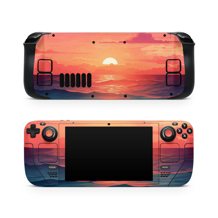 DecalGirl Floating Home skin shown on the front and back of a Valve Steam Deck