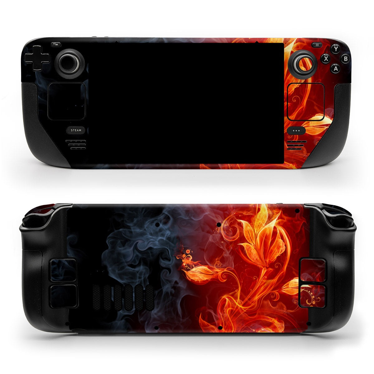 DecalGirl Flower Of Fire skin shown on the front and back of a Valve Steam Deck