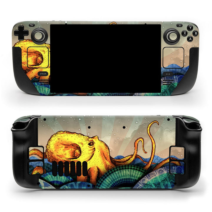 DecalGirl From the Deep skin shown on the front and back of a Valve Steam Deck