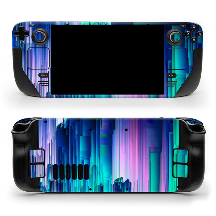 DecalGirl Glitch Trip skin shown on the front and back of a Valve Steam Deck