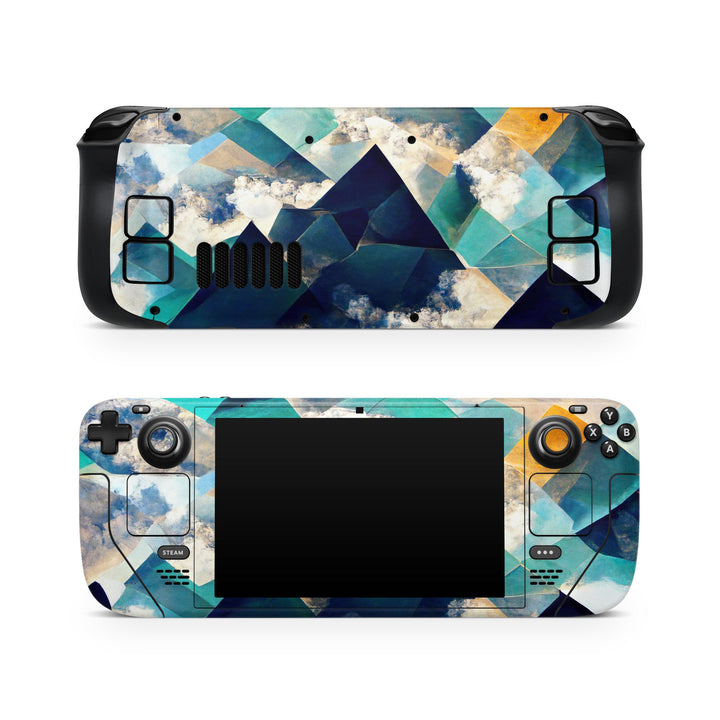 DecalGirl Gold Clouds skin shown on the front and back of a Valve Steam Deck