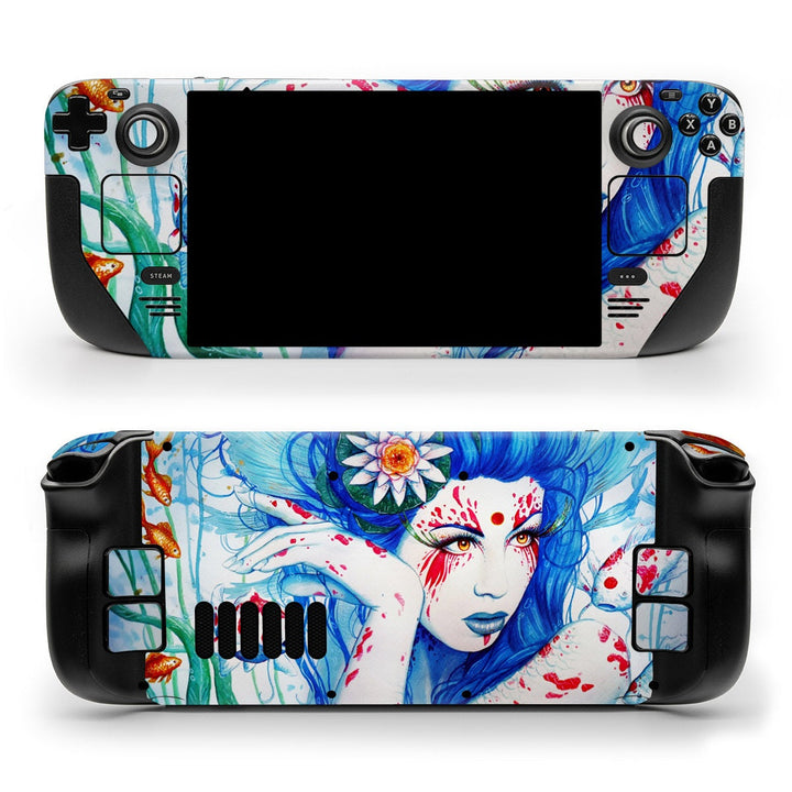 DecalGirl Lady Koi skin shown on the front and back of a Valve Steam Deck