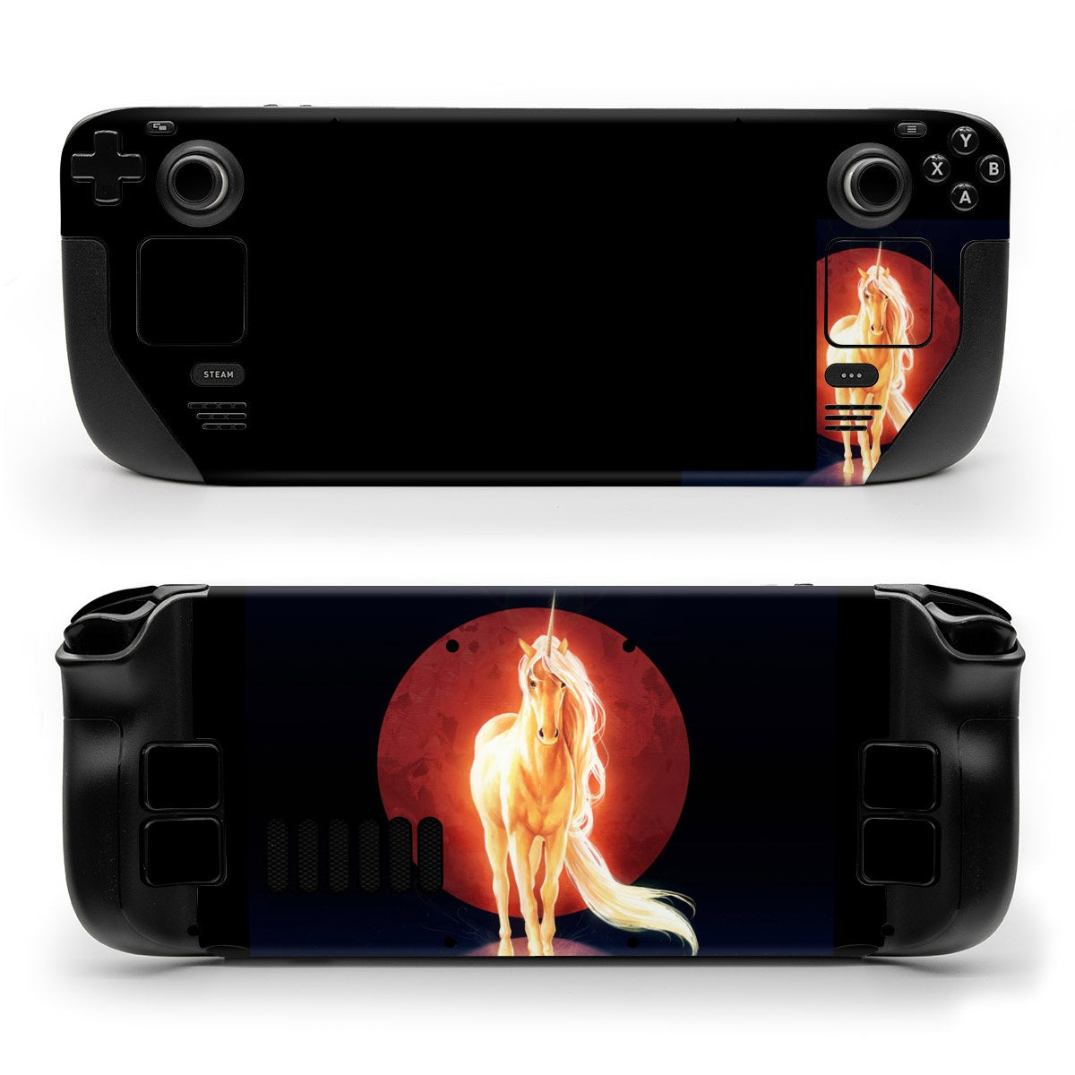DecalGirl Last Unicorn skin shown on the front and back of a Valve Steam Deck