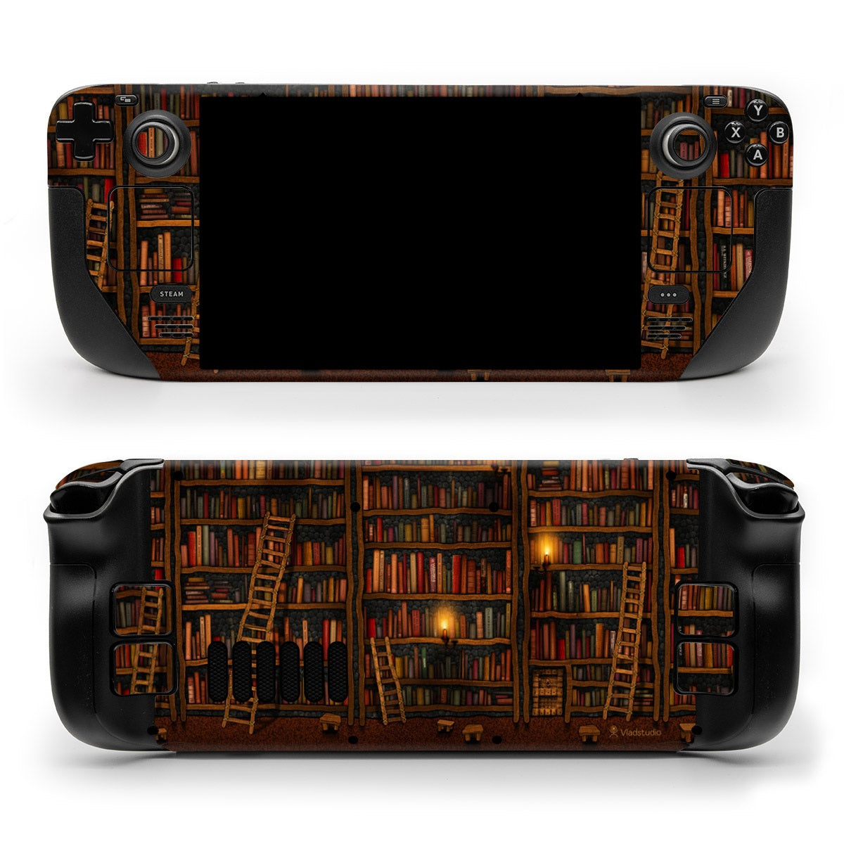DecalGirl Library skin shown on the front and back of a Valve Steam Deck