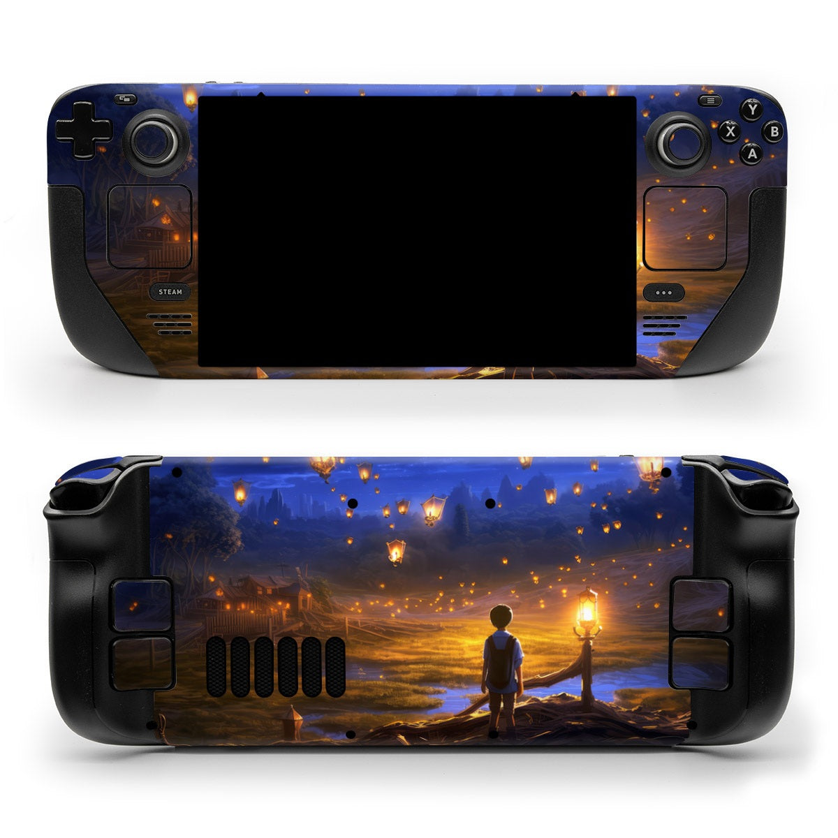 DecalGirl Light the Way skin shown on the front and back of a Valve Steam Deck