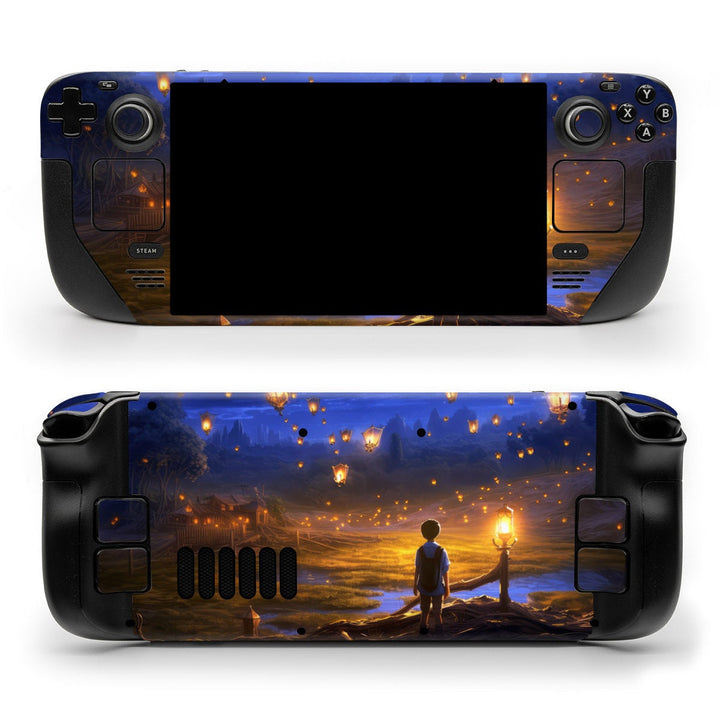 DecalGirl Light the Way skin shown on the front and back of a Valve Steam Deck